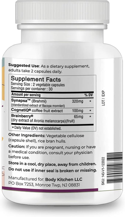 Body Kitchen Total Brain Supplement, Supports Increased Memory, Focus and Clarity with Bacopa, Coffee Fruit & Brainberry, Clinically Tested, Veggie Caps, 60 Count