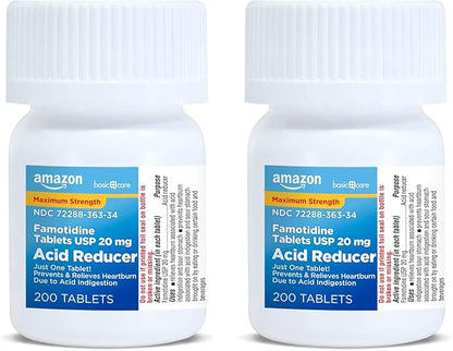 Amazon Basic Care Maximum Strength Famotidine Tablets Acid Reducer for Heartburn Relief, 20 mg, 400 Count Pack