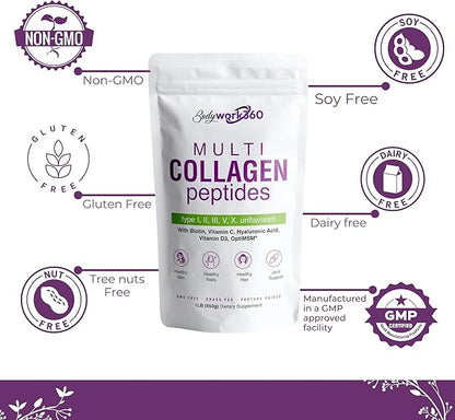 Multi Collagen Peptides Powder | Type I,II,III,V,X with Hyaluronic Acid, Biotin, Vitamin C, Vitamin D3 & OptiMSM - Unflavored