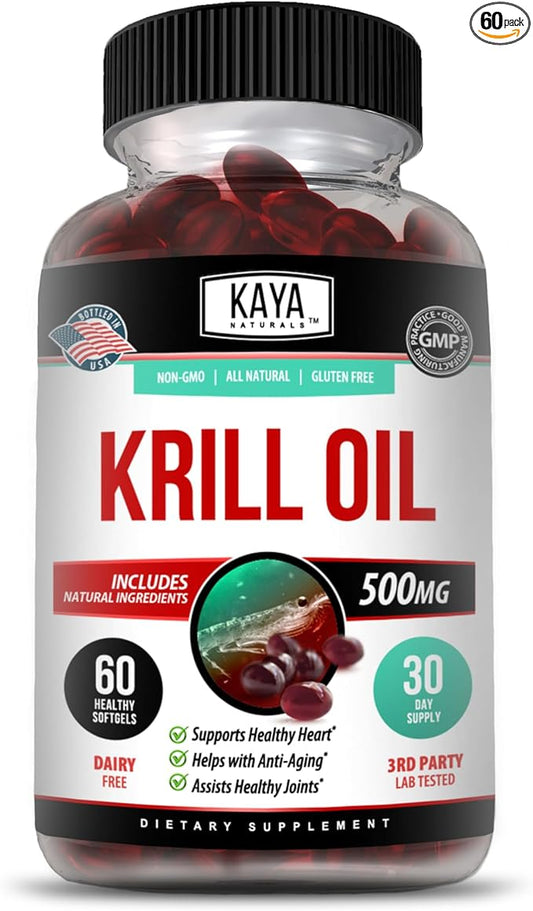 Kaya Naturals - Antarctic Krill Oil 500mg with Omega 3, EPA, DHA, Phospholipids & Astaxanthin Supplement - Brain & Health Vitamin - Anti Aging Supplement - 60 Count Softgels