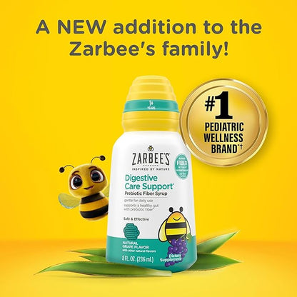 Zarbee's Children's Digestive Care Support* Prebiotic Fiber Syrup, Grape Flavor with Other Natural Flavors, Liquid Fiber for Kids, Daily Fiber Supplement + Agave, 8 fl. oz