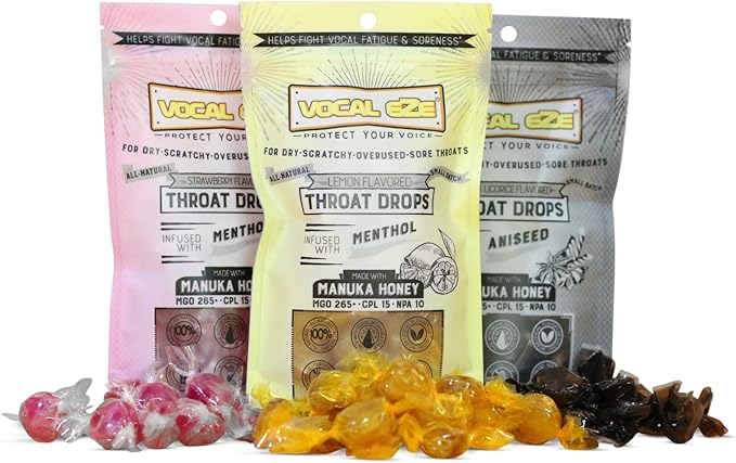 Vocal Eze Manuka Honey Strawberry Menthol Cough Drops (20) | Lozenges to Relieve Sore, Hoarse, Fatigue, Dryness of Throat | Voice Support, All Natural and Organic Ingredients UMF 10+ (MGO 265+)