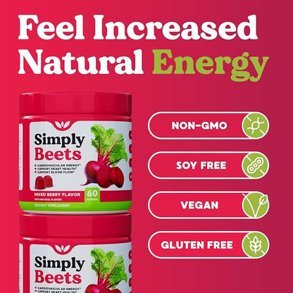 Beet Gummies with CoQ10-Nitric Oxide & Energy Support-Non-GMO Beetroot Powder & Grape Seed Extract- Natural Mixed Berry Flavor-60 Count