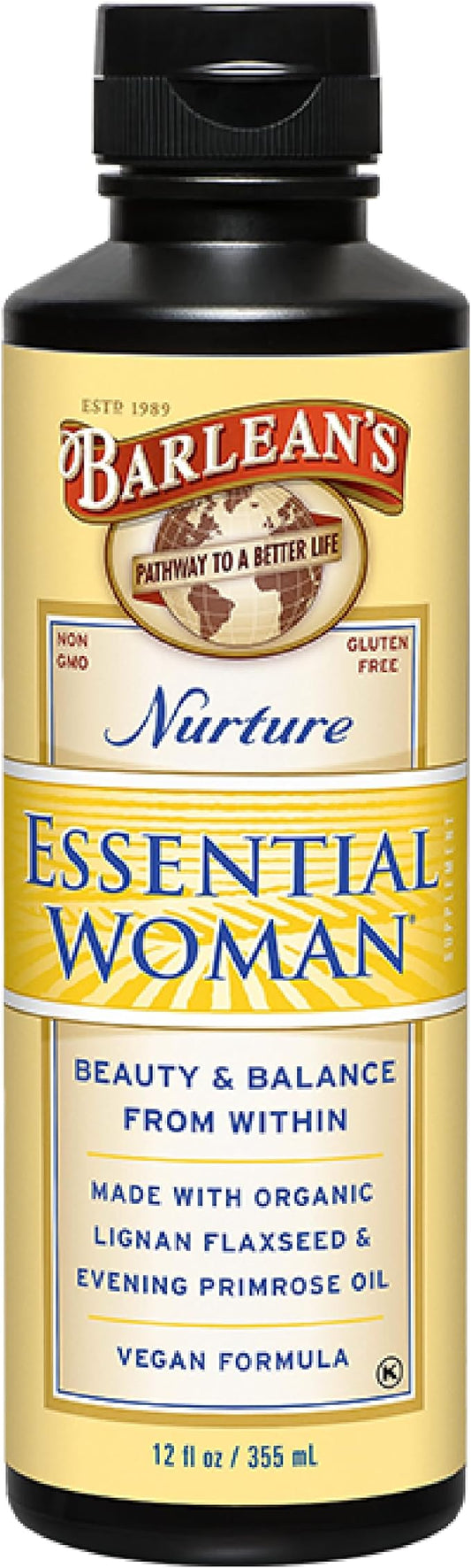 Barlean's Essential Woman Liquid Supplement for Women, Organic Flaxseed, Evening Primrose Oil and Soy Isoflavones, Omega 3 6 9 and GLA, 12 oz