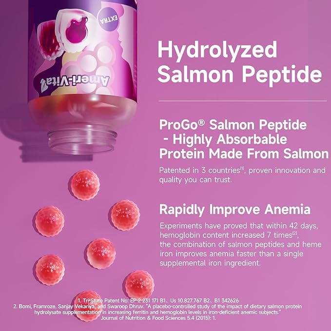 Heme Iron Supplement Gummies for Women Anemia Men with Vitamins C B12 B6 Folate Salmon Peptides Sugar-Free Non-Constipating Red Grape Flavor Women's Multivitamin with Gentle Iron 60 Count