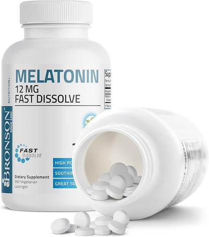 Bronson Melatonin 12mg Fast Dissolve Nighttime Sleep Aid Support & Relaxation Support, 360 Peppermint Vegetarian Lozenges