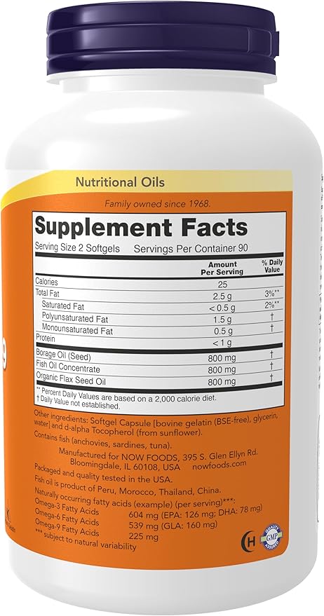 NOW Foods Supplements, Super Omega 3-6-9 1200 mg with a blend of Fish, Borage and Flax Seed Oils, 180 Softgels