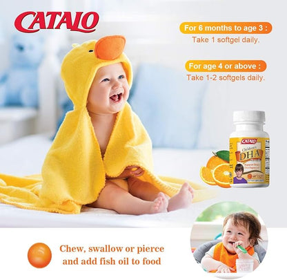 CATALO Children’s DHA Formula – Chewable Softgels with Fish Oil for Kids, 200mg DHA per Serving, Orange Flavor, Easy to Swallow or Mix with Food, 30 Softgels