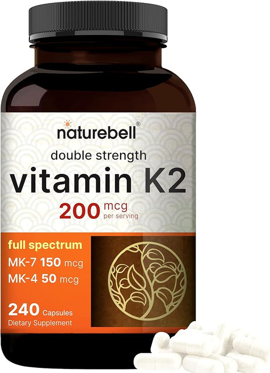 NatureBell Full Spectrum Vitamin K2 Supplement with MK-7 & MK-4, 200 mcg, 240 Capsules | 2 in 1 Formula, K Vitamins Complex – Supports Bone, Joint, and Heart Health – Non-GMO