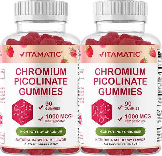Vitamatic Chromium Picolinate 1000 mcg - 90 Gummies - High Potency Chromium - Raspberry Flavor (Total 180 Gummies) 2 Packs