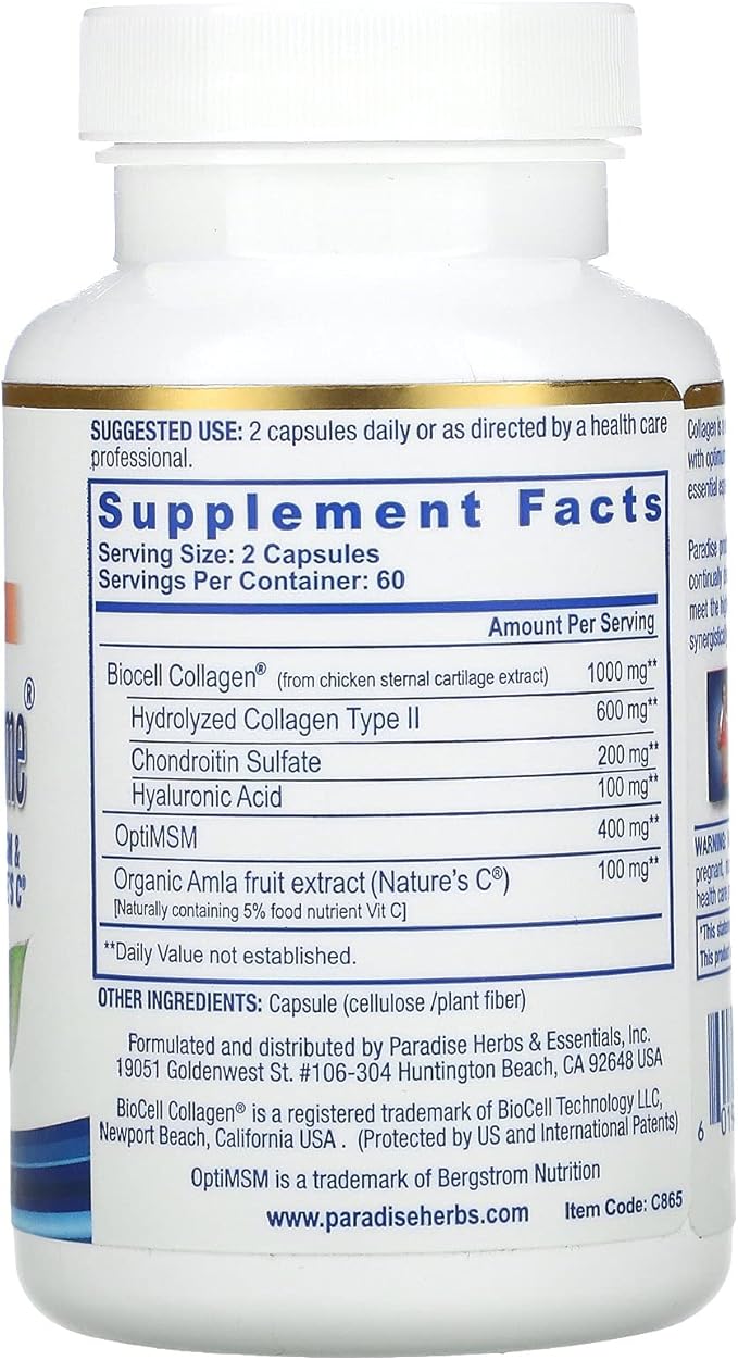 Paradise Herbs Collagen Extreme with Biocell Collagen, Hylauronic Acid and Nature's C, for Healthy Hair, Skin, and Joints, 60 Capsules