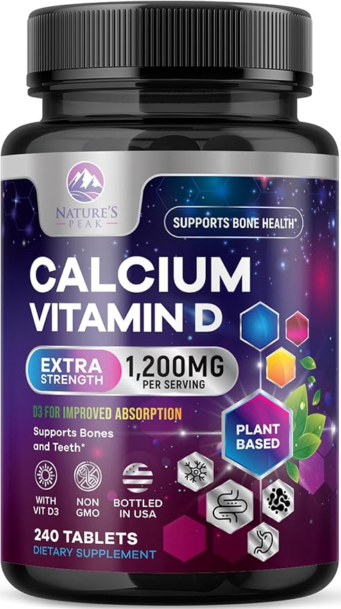 Calcium 1200 mg with Vitamin D3, Calcium Supplement Vitamins, Bone, Teeth & Immune Health Support, Calcium Supplements with D for Women & Men, Nature's Absorbable Calcium Carbonate - 240 Tablets