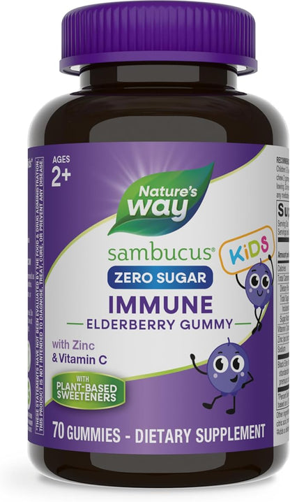 Nature's Way Sambucus Zero Sugar Immune Gummies for Kids, Daily Immune Support*, Black Elderberry Extract, Vitamin C, Zinc, No Sugar Alcohols, Plant-Based Sweeteners, 70 Gummies