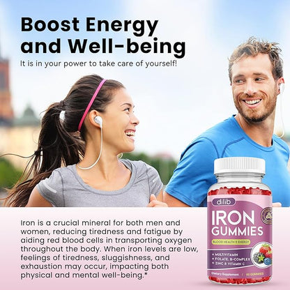 Iron Gummies with Multivitamin, Iron Supplement for Women & Men with Zinc, Vitamin B Complex & C, B12, Folate - Blood Builder & Energy Support for Adults & Kids - Mixed Berry Flavor, Vegan 60 Gummies