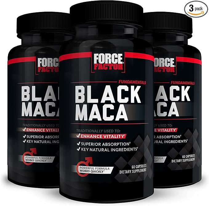 FORCE FACTOR Black Maca Root, 3-Pack, Vitality Supplement for Men with Superior Absorption and Power, Natural Maca Negra Extract, Fundamentals Series, 1000mg, 180 Capsules