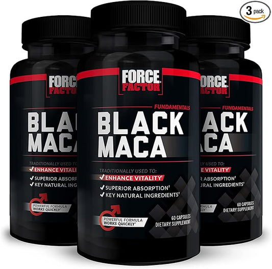 FORCE FACTOR Black Maca Root, 3-Pack, Vitality Supplement for Men with Superior Absorption and Power, Natural Maca Negra Extract, Fundamentals Series, 1000mg, 180 Capsules