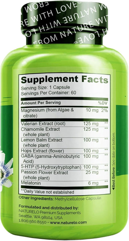 NATURELO Sleep Aid - with Melatonin, Magnesium, GABA, Valerian Root, Lemon Balm, Chamomile Herbal Extracts - Plant-Based Sleeping Aid - 60 Vegan Capsules (Pack of 2)