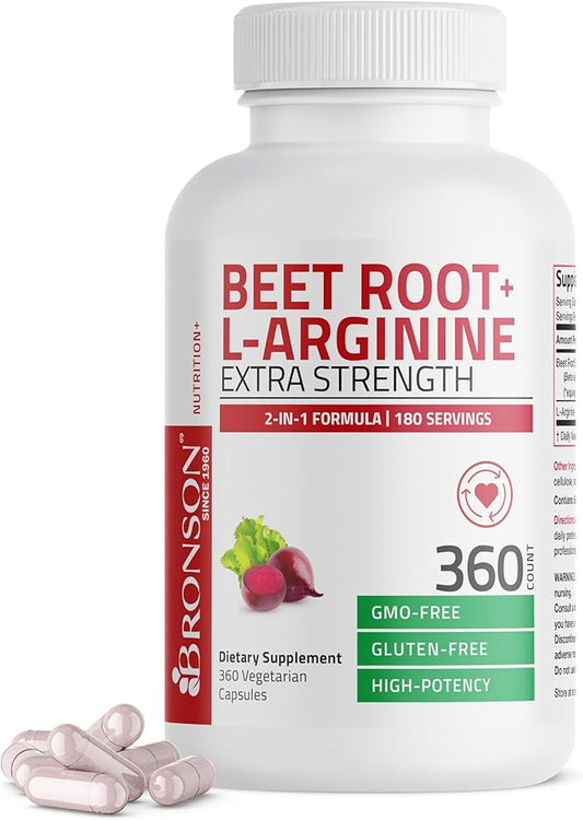Bronson Beet Root + L-Arginine Nitric Oxide Production - Non-GMO, 360 Vegetarian Capsules