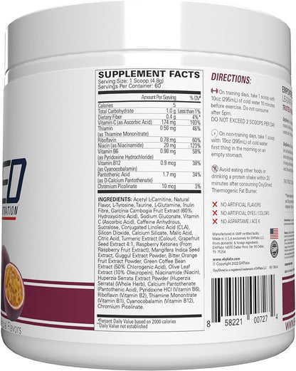 EHP Labs OxyShred Pre Workout Powder & Shredding Supplement - Preworkout Powder with L Glutamine & Acetyl L Carnitine, Energy Boost Drink - Passionfruit, 60 Servings
