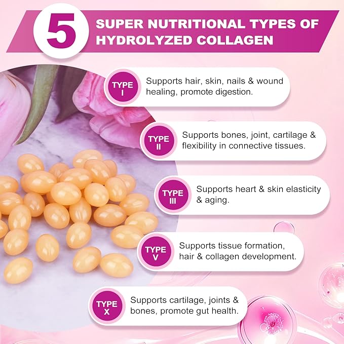 Hydrolyzed Collagen Peptides Pills Mutil Collagen Peptides Colageno Hidrolizado for Women Type I II III V X with Hyaluronic Acid Biotin Vitamin C - Support Skin Hair Nail | 120 Count