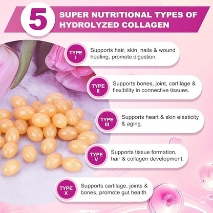 Hydrolyzed Collagen Peptides Pills Mutil Collagen Peptides Colageno Hidrolizado for Women Type I II III V X with Hyaluronic Acid Biotin Vitamin C - Support Skin Hair Nail | 120 Count