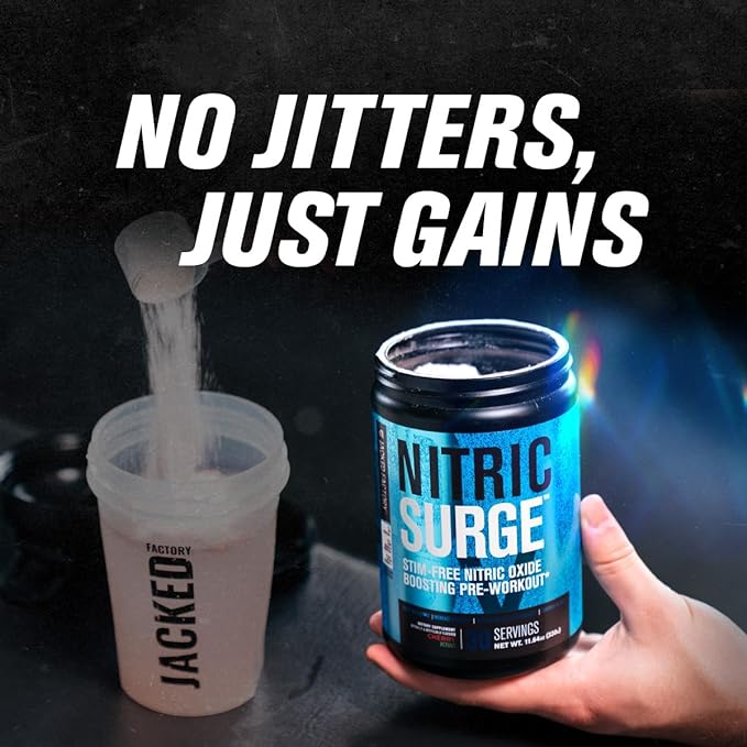 Jacked Factory Nitric Surge Stim Free Pre Workout Powder - Caffeine-Free Nitric Oxide Supplement w/Con-Cret Creatine, L Citrulline, & GlycerSize Glycerol - Blue Raspberry, 30 Servings