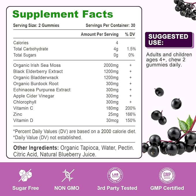 Elderberry Gummies with Sea Moss, Bladderwrack, Burdock, Echinacea, Apple Cider Vinegar, Chlorophyll, Vitamin C, D & Zinc Supplement for Women, Men, Adults and Kids, Blueberry Flavor 60Ct