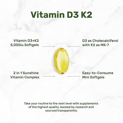 DEAL SUPPLEMENT 2 Pack Vitamin D3 K2 Softgel, 250 Count, 2-1 Complex, Vitamin D3 5000 IU & Vitamin K2 MK7, Promotes Heart, Bone & Teeth Health – Very Easy to Swallow