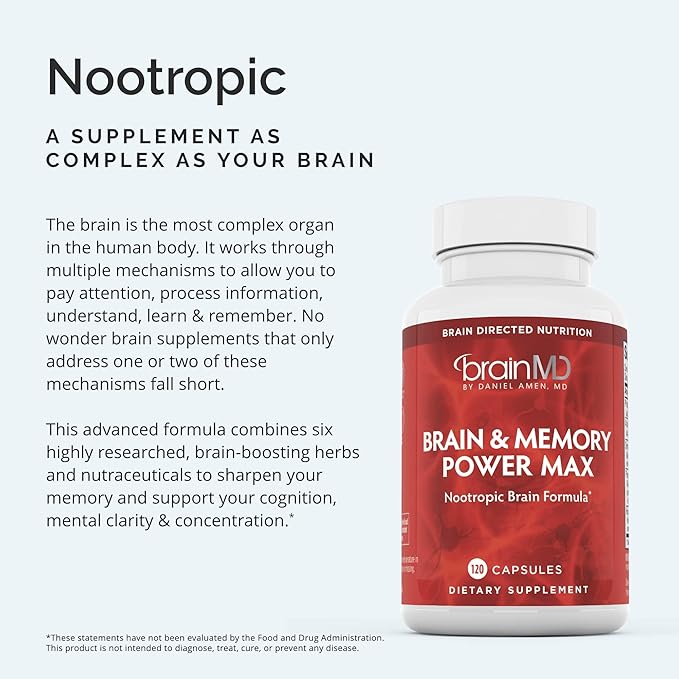 Dr Amen BrainMD Brain & Memory Power MAX - 120 Capsules - Nootropic Supplement with Alpha-Lipoic Acid, Ginkgo Biloba Extract & Huperzine A - 30 Servings