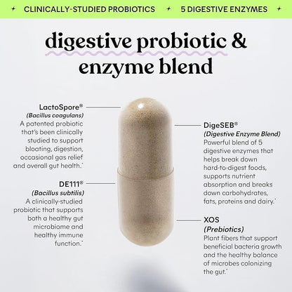 Lemme Debloat 3-in-1 Prebiotic, Probiotic & Digestive Enzyme Capsules for Bloating & Gas Relief - 2 Clinically Studied Probiotics w/5 Digestive Enzymes to Improve Digestion, Women & Men, (60 Count)