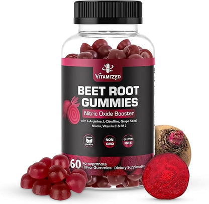 Beet Root Gummies - Super Nitric Oxide Beets Supplement - Red Beetroot Heart Chews with Grape Seed Power & B12- Pomegranate Flavor, 60 Chewables Beets