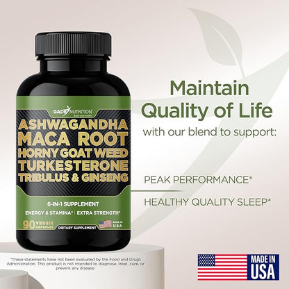 Gade Nutrition Ashwagandha with Maca Root, Horny Goat Weed, Turkesterone Supplement, Tribulus Terrestris, Panax Ginseng | 90 Vegetable Capsules for Energy, Stamina, Performance. | Made in USA