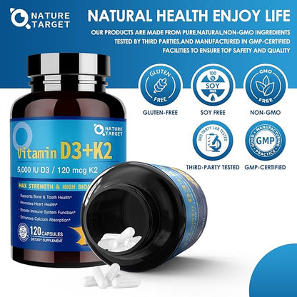 NATURE TARGET Vitamin D3 K2 with Calcium & Magnesium– Max Strength for Bone, Heart & Immune Support – 5000 IU Vitamin D3, 120 mcg K2, Non-GMO, Gluten-Free, 120 Count