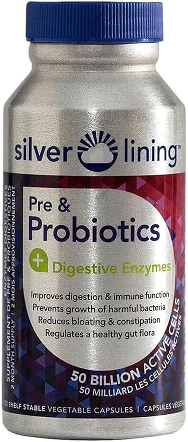 Silver Lining Pre & Probiotics + Digestive Enzymes | 50 Billion CFU/Active Cells | Digestive & Immune Function Support, Reduces Bloating | Shelf-Stable Formula | 120 Count (Pack of 1)