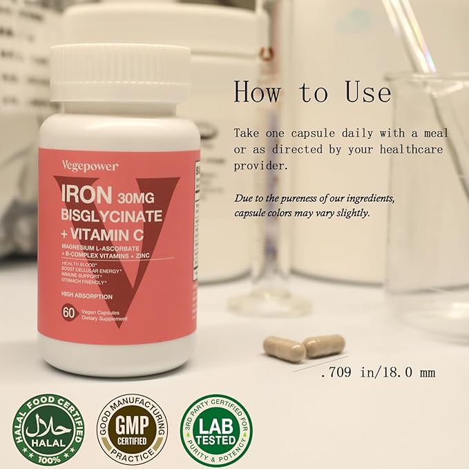 Iron Bisglycinate Supplement for Women & Men - 30mg Iron Pills with Vitamin C, B12, Folic Acid - Chelated Iron for Anemia, Health Blood - High Absorption, Gluten-Free, Non-GMO - 60 Vegan Caps