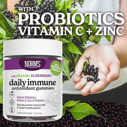 Norm's Farms Daily Immune Elderberry Gummies - Vitamin C, Zinc & Probiotics - Vegan, Gluten Free, Kosher, Non-GMO - 60 Gummies