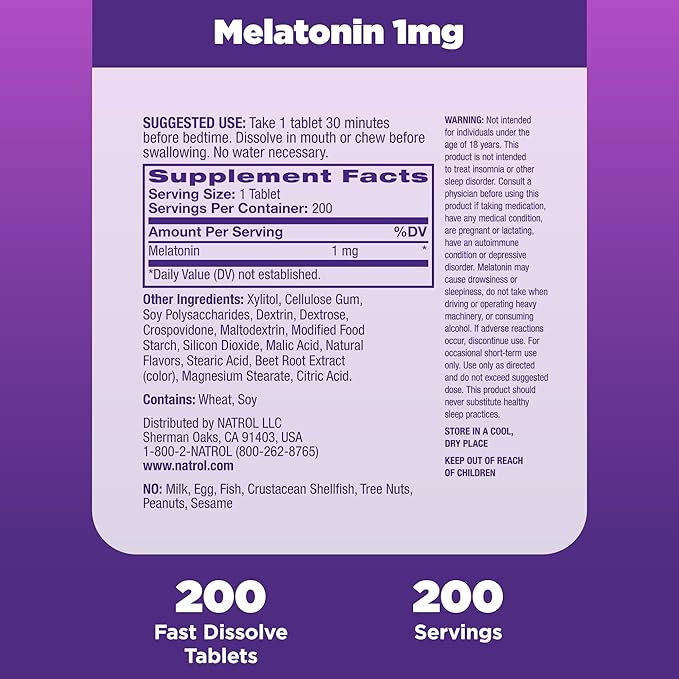 Natrol Fast Dissolve Melatonin 1 mg, Supplements for Restful Sleep, Sleep Support for Adults, 200 Strawberry-Flavored Melatonin Tablets, Up to a 200 Day Supply