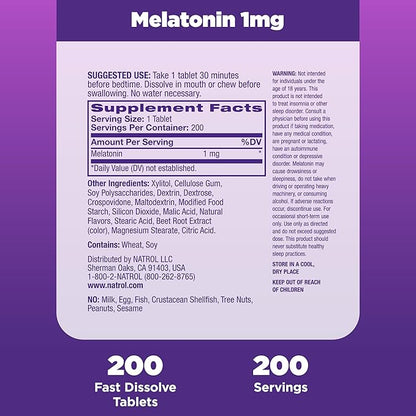 Natrol Fast Dissolve Melatonin 1 mg, Supplements for Restful Sleep, Sleep Support for Adults, 200 Strawberry-Flavored Melatonin Tablets, Up to a 200 Day Supply