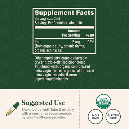 Global Healing Iron Supplement for Women and Men - Blood Builder Liquid Iron Vitamin with Curry Plant Extract - Natural Energy to Combat Fatigue, Brain Health & Oxygen Level Support (2 Oz)