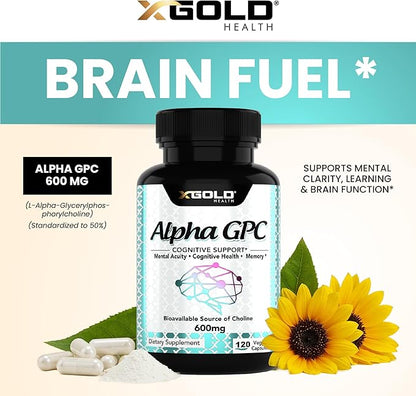 Alpha GPC Choline Supplement 600mg, 99%+ Highly Purified, Highly Bioavailable Source of Choline,120 Veggie Capsules, Cognitive Enhancer Nootropic, Supports Memory & Brain Function, Boosts Focus & Mood