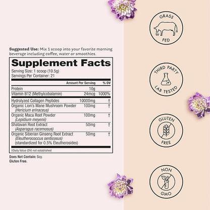 Winged Wellness Glow Up AM, Collagen Powder for Women - Morning Beauty Supplement for Glowing Skin with Grass-Fed Hydrolyzed Collagen Peptides, Lion's Mane & Maca Root - 21 Servings, Unflavored
