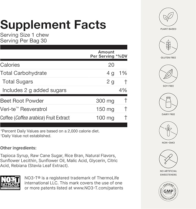 HumanN SuperBeets Brain Supplements for Memory and Focus Chews, Mental Alertness, Clinically Studied Nootropics, Resveratrol Supplement Plus Beet Root Powder, Blueberry Pomegranate Flavor, 30 Count