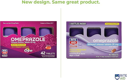 Rite Aid Acid Reducer Omeprazole Delayed Release Tablets - 20 mg, 3 Bottles, 14 Count Each (42 Count Total), Unflavored, Heartburn Relief, Heartburn Medicine, Treats Frequent Heartburn