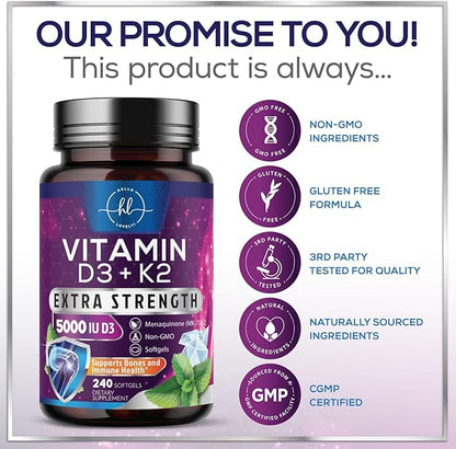 Vitamin D3 K2 - High Potency 5000iu D3 (125mcg) & 100mcg K2 (MK7) for Calcium Absorption, Bone, Teeth, Heart & Immune Support, Easy to Swallow D & K Complex, Non-GMO & Gluten Free - 240 Softgels