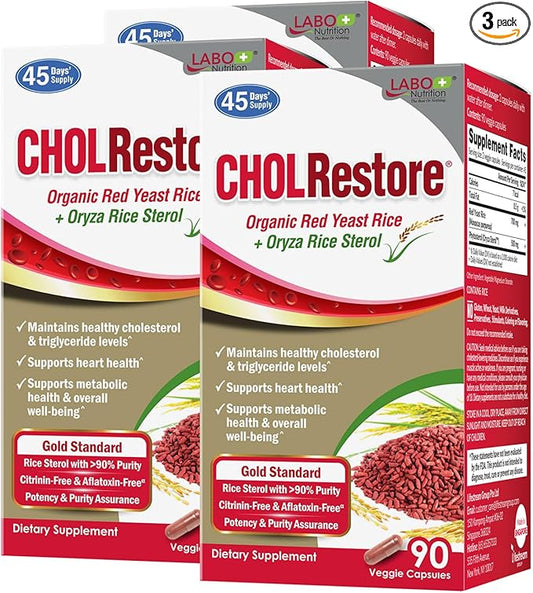 LABO Nutrition CHOLRestore – Red Yeast Rice with Phytosterol Health Supplement, Supports Healthy Cholesterol Levels, Citrinin & Aflatoxin Free, 90 Vege Capsules 3x3