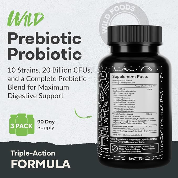 Wild Prebiotics and Probiotics with Digestive Enzymes | 20 Billion CFU - 10 Strains for Women & Men | Support Gut Health & Digestion Supplements | Non-GMO Prebiotic Fiber | 30 Count (Pack of 2)