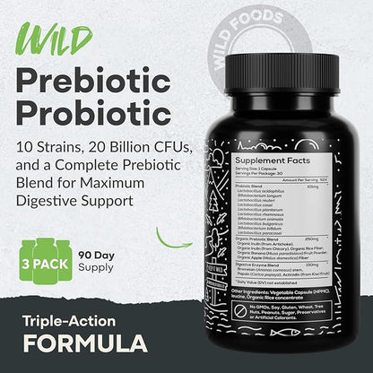 Wild Prebiotics and Probiotics with Digestive Enzymes | 20 Billion CFU - 10 Strains for Women & Men | Support Gut Health & Digestion Supplements | Non-GMO Prebiotic Fiber | 30 Capsules