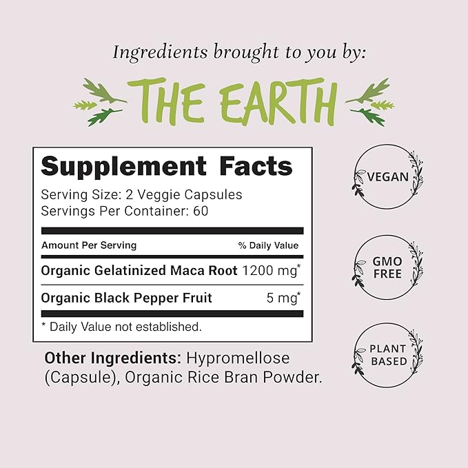 Organic Maca Root Capsules 1200 mg – Libido Booster for Women Fast Acting & Potent | Aphrodisiac Supplement | Energy Pills from Peru | Includes Black Pepper for High Absorption | Vegan, 120 Ct