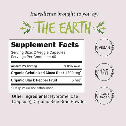 Organic Maca Root Capsules 1200 mg – Libido Booster for Women Fast Acting & Potent | Aphrodisiac Supplement | Energy Pills from Peru | Includes Black Pepper for High Absorption | Vegan, 120 Ct