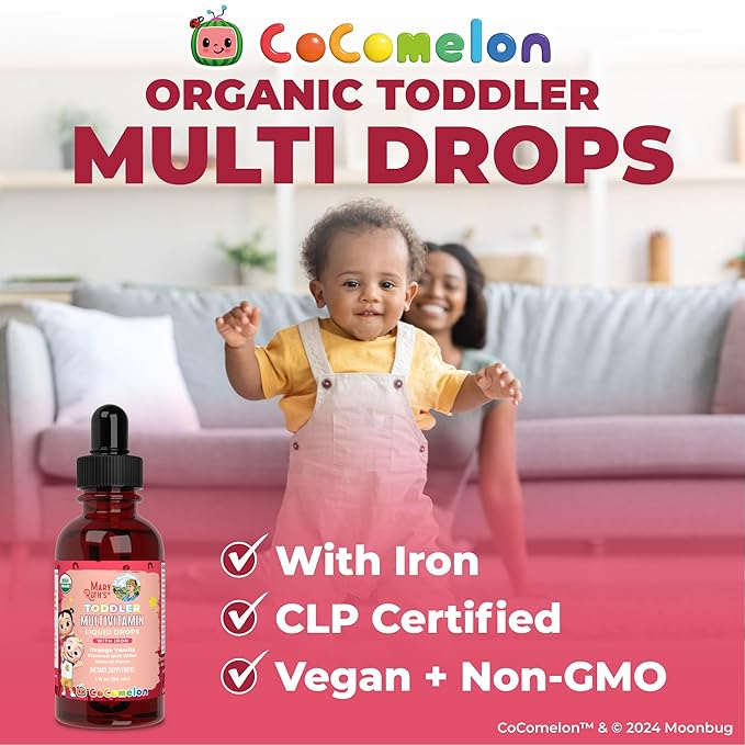 MaryRuth Organics CoComelon Toddler Kids Multivitamin with Iron | Immune Support | Toddler Vitamins | USDA Organic | Sugar Free | Multivitamin Liquid Drops for Kids Ages 1-3 | Vegan | 1 Fl Oz